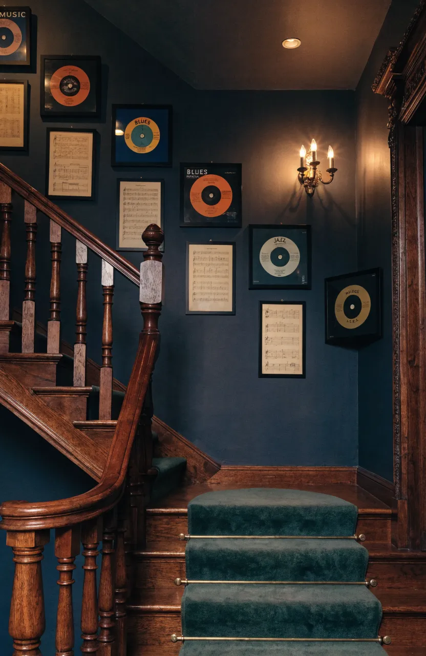 A gallery wall of framed vintage record covers and aged sheet music above a dark mahogany staircase.