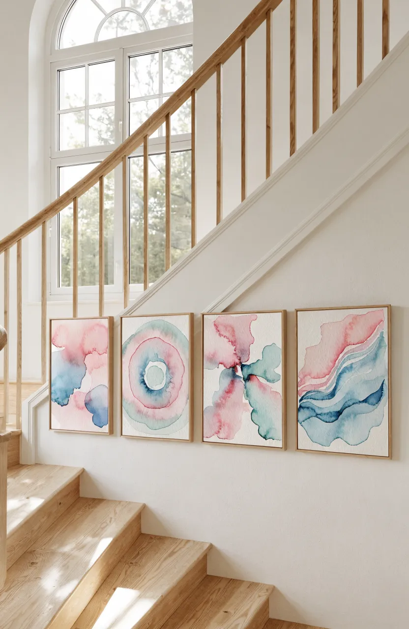 Four abstract watercolor paintings in light oak frames arranged diagonally above a pale wood staircase.