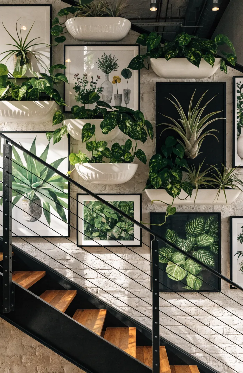 A gallery wall above stairs featuring a mix of framed botanical art and wall-mounted planters with trailing vines.