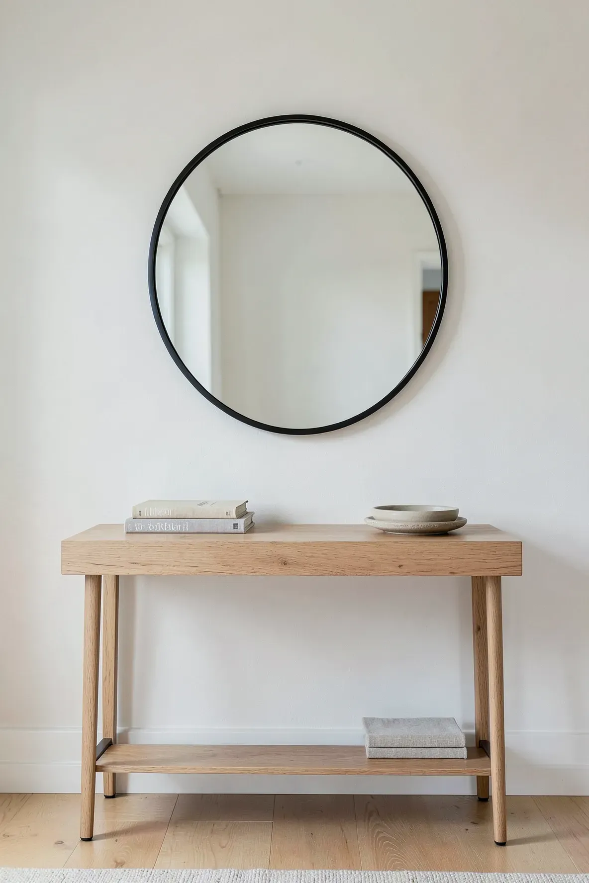 A large black-framed round mirror hangs above a light wood console table in a bright entryway.