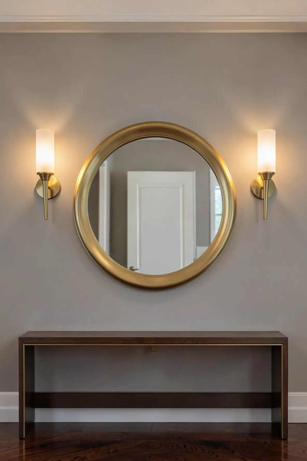 A gold round mirror is flanked by two matching gold sconces on a warm-toned wall.