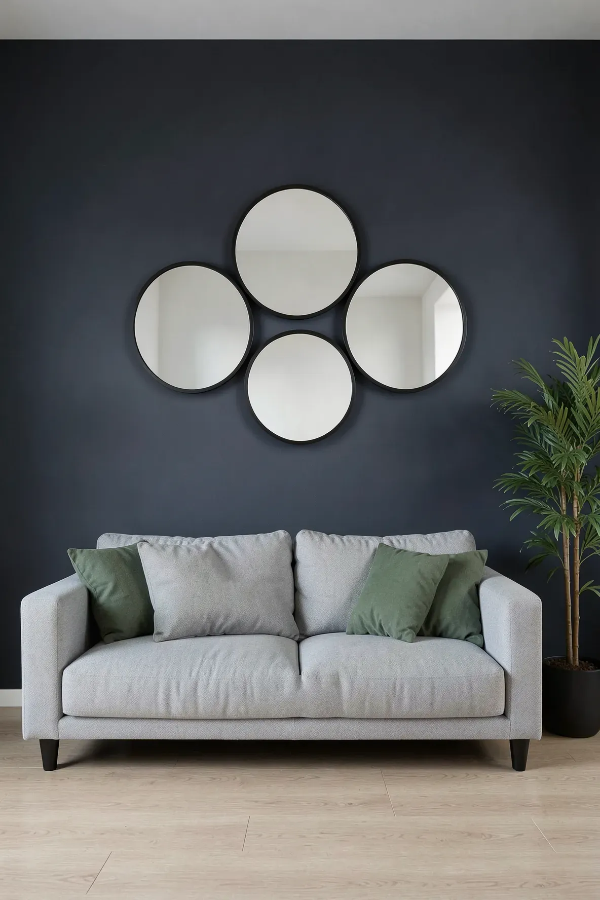 A set of three round mirrors in different sizes arranged as art on a dark living room wall.