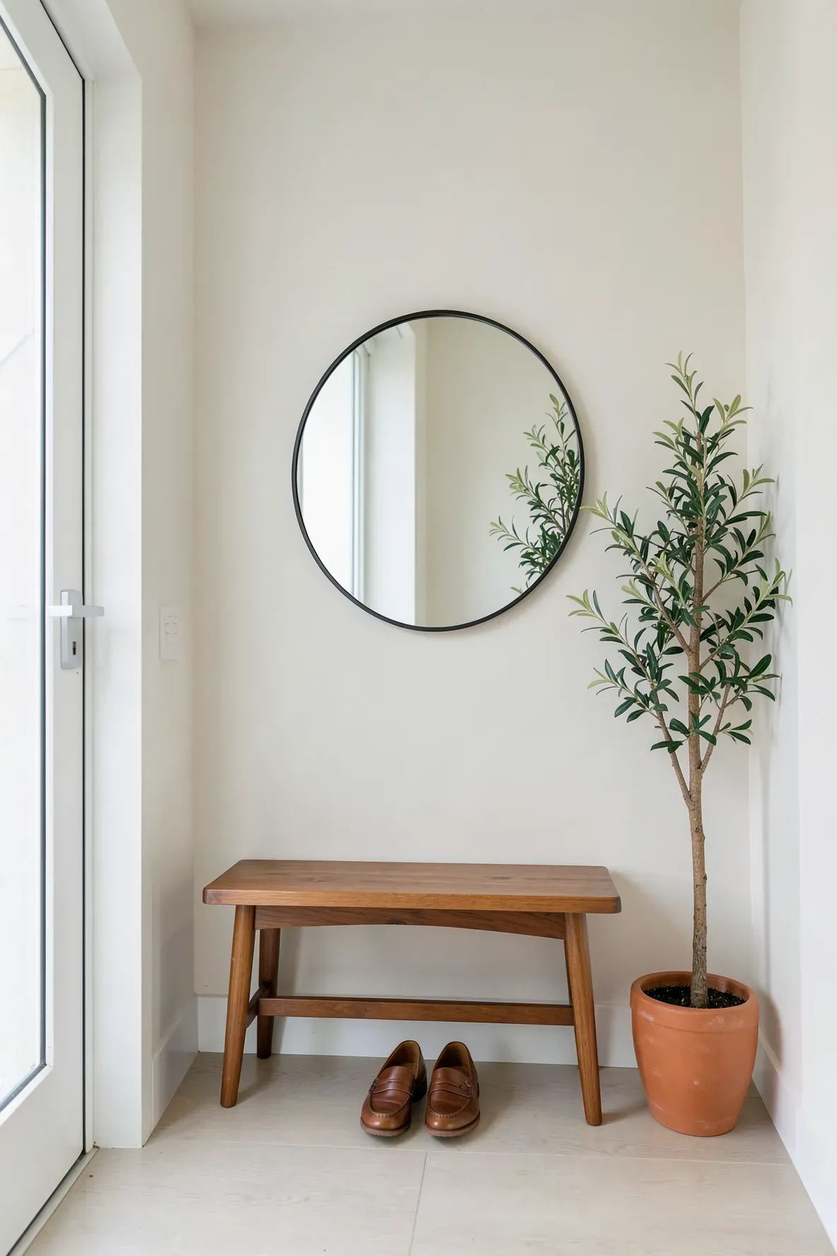 A thin-rimmed round mirror is centered over a small wooden bench in a compact entryway.