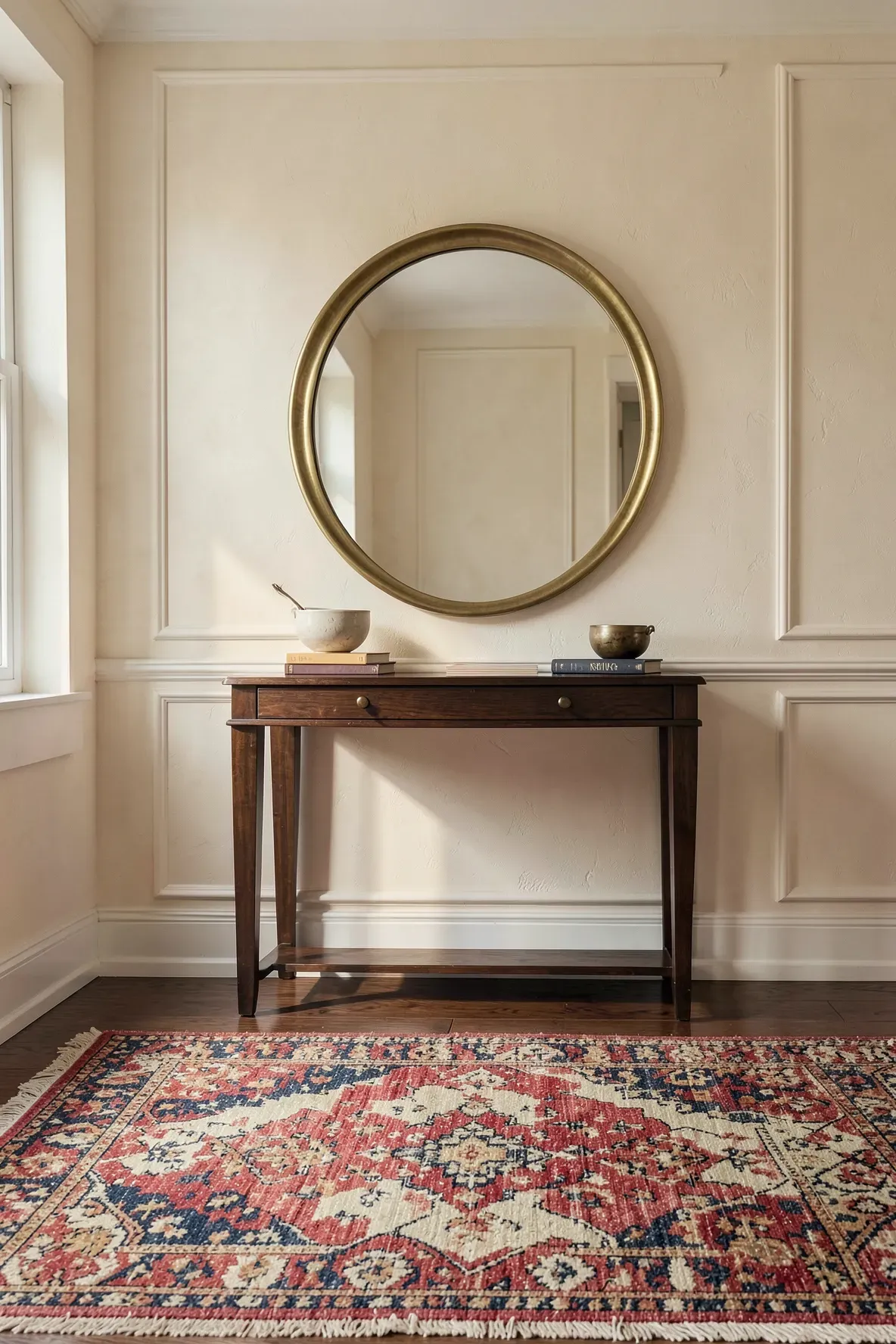 A round antique brass mirror hangs above a console table with a colorful Persian runner rug below.
