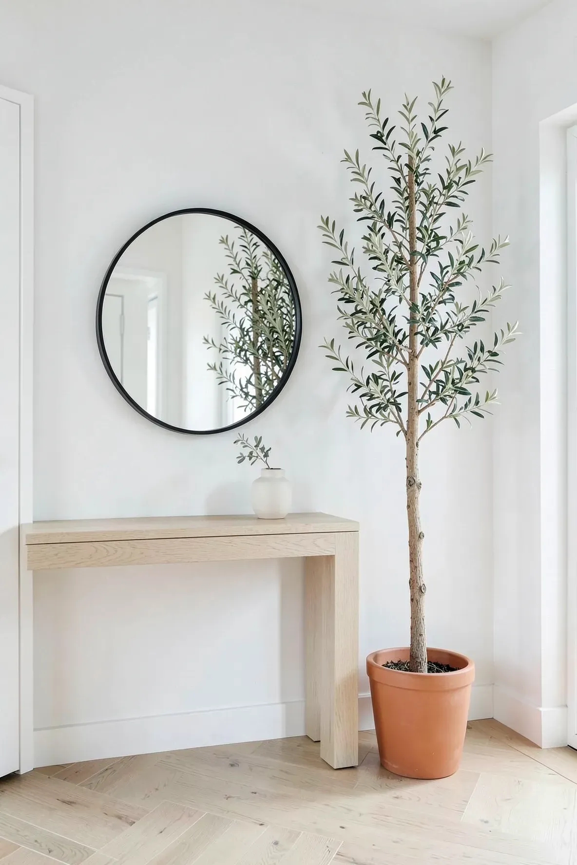 A modern entryway with a round black mirror and a tall potted olive tree.