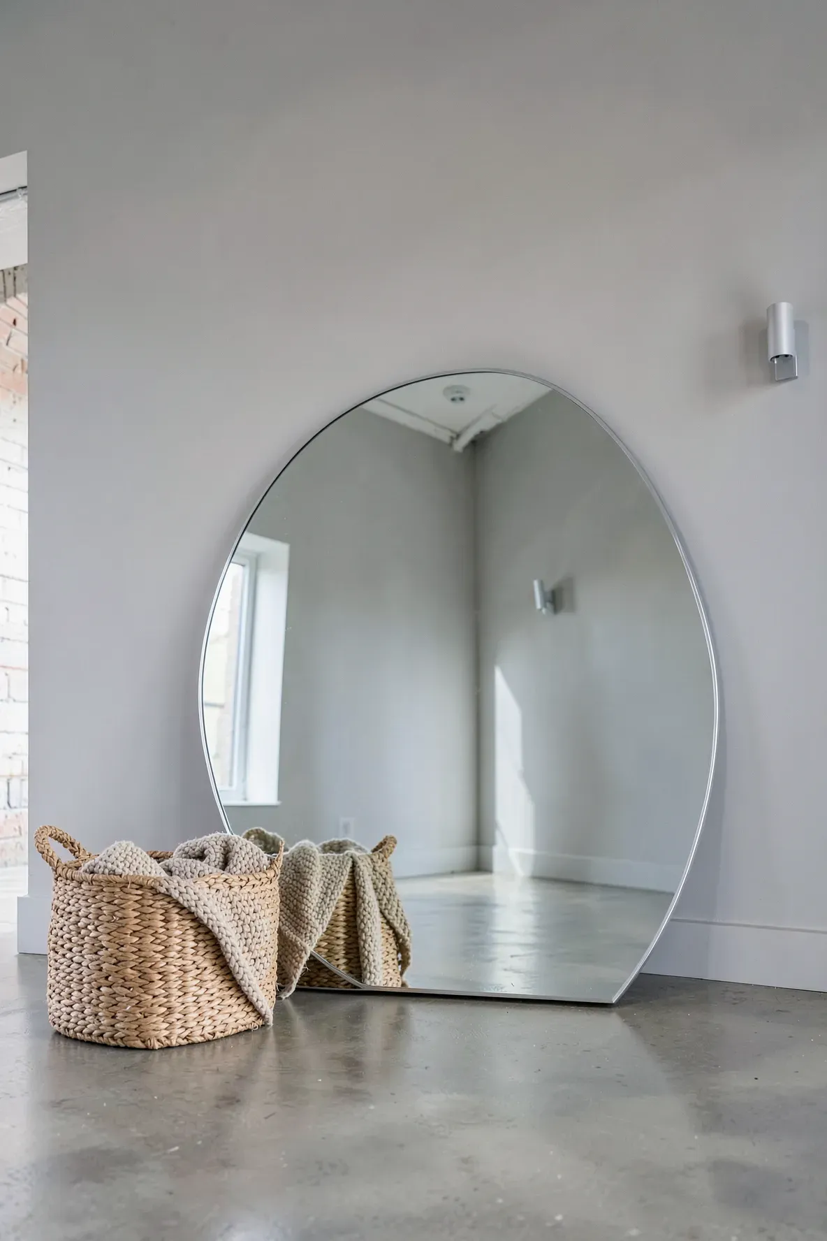 A very large round mirror leans against a wide gray wall in a modern entryway.