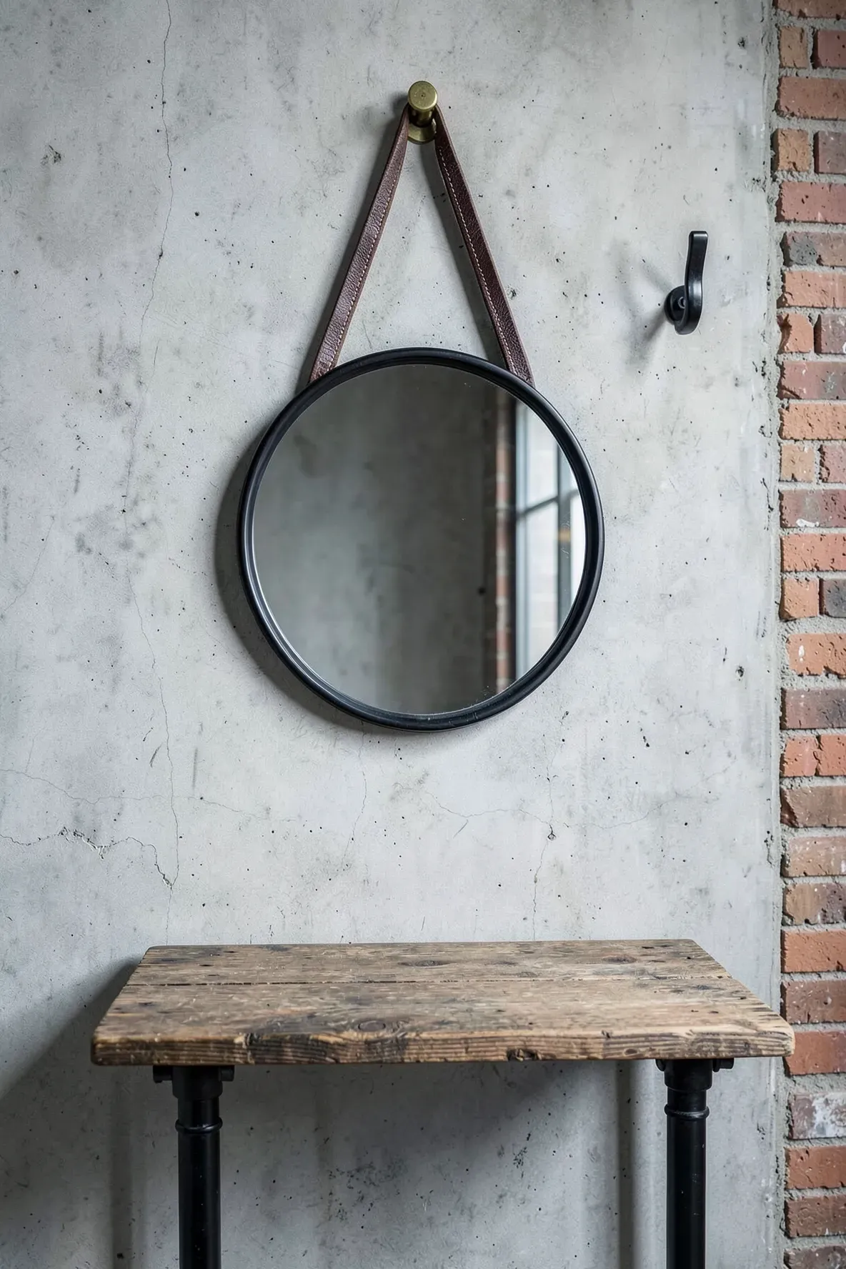 A round mirror hangs from a dark leather strap on a concrete wall in an industrial entryway.
