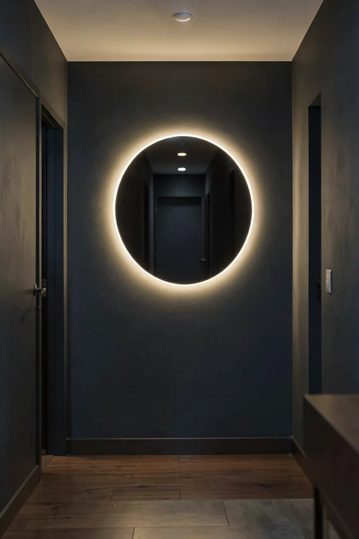 A round mirror with a warm LED backlight glowing against a dark charcoal hallway wall.