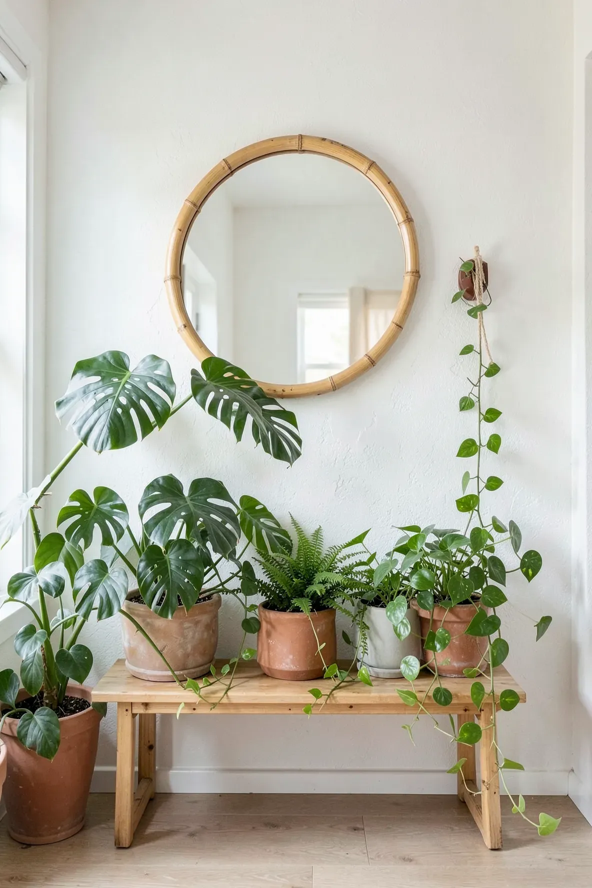 A round bamboo mirror surrounded by vibrant green plants in a bright, sunlit entryway.