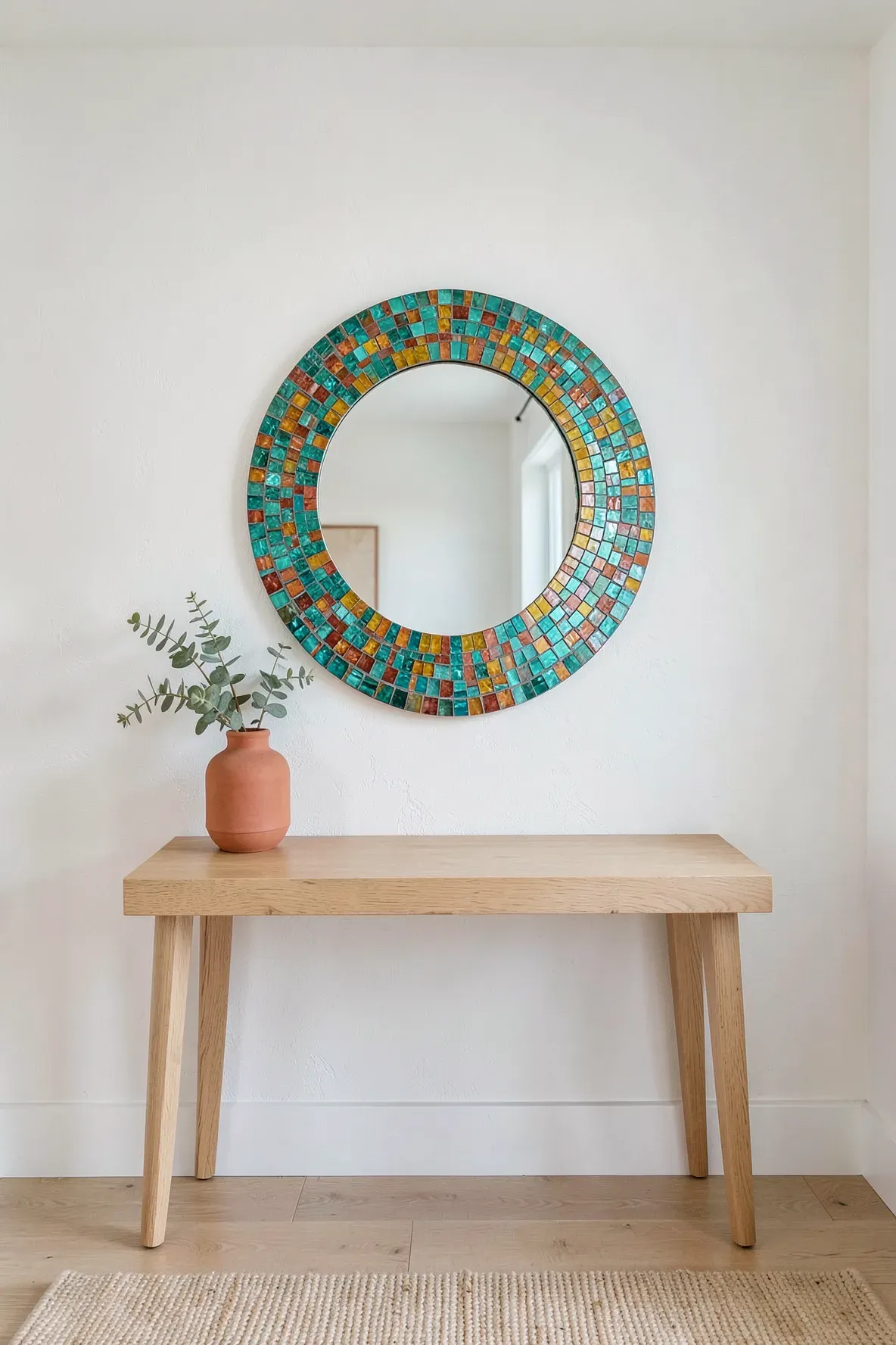 A colorful mosaic round mirror hangs above a simple wooden console table in a bright entryway.