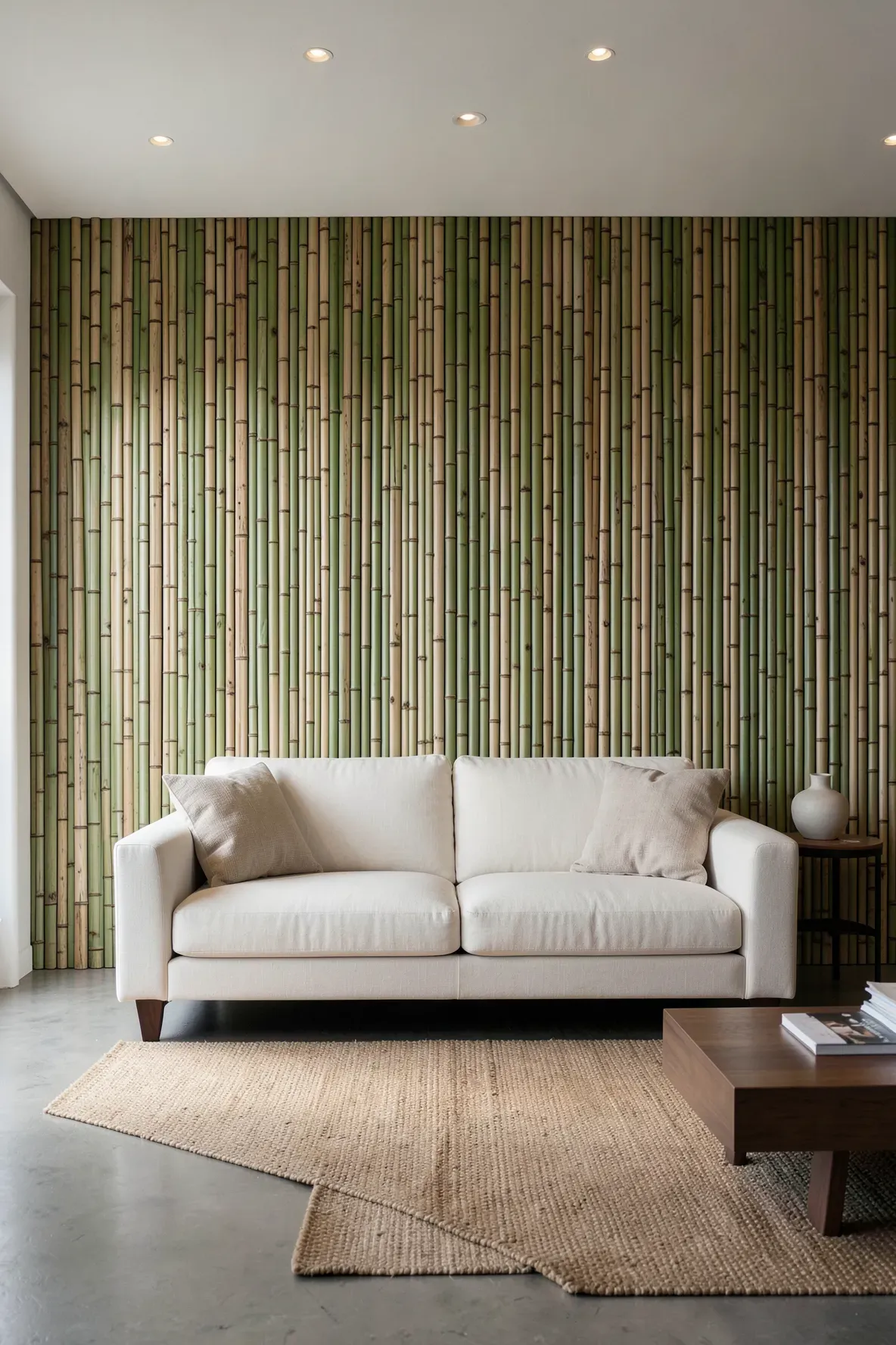 A modern living room with a floor-to-ceiling split bamboo wall panel behind a cream sofa.
