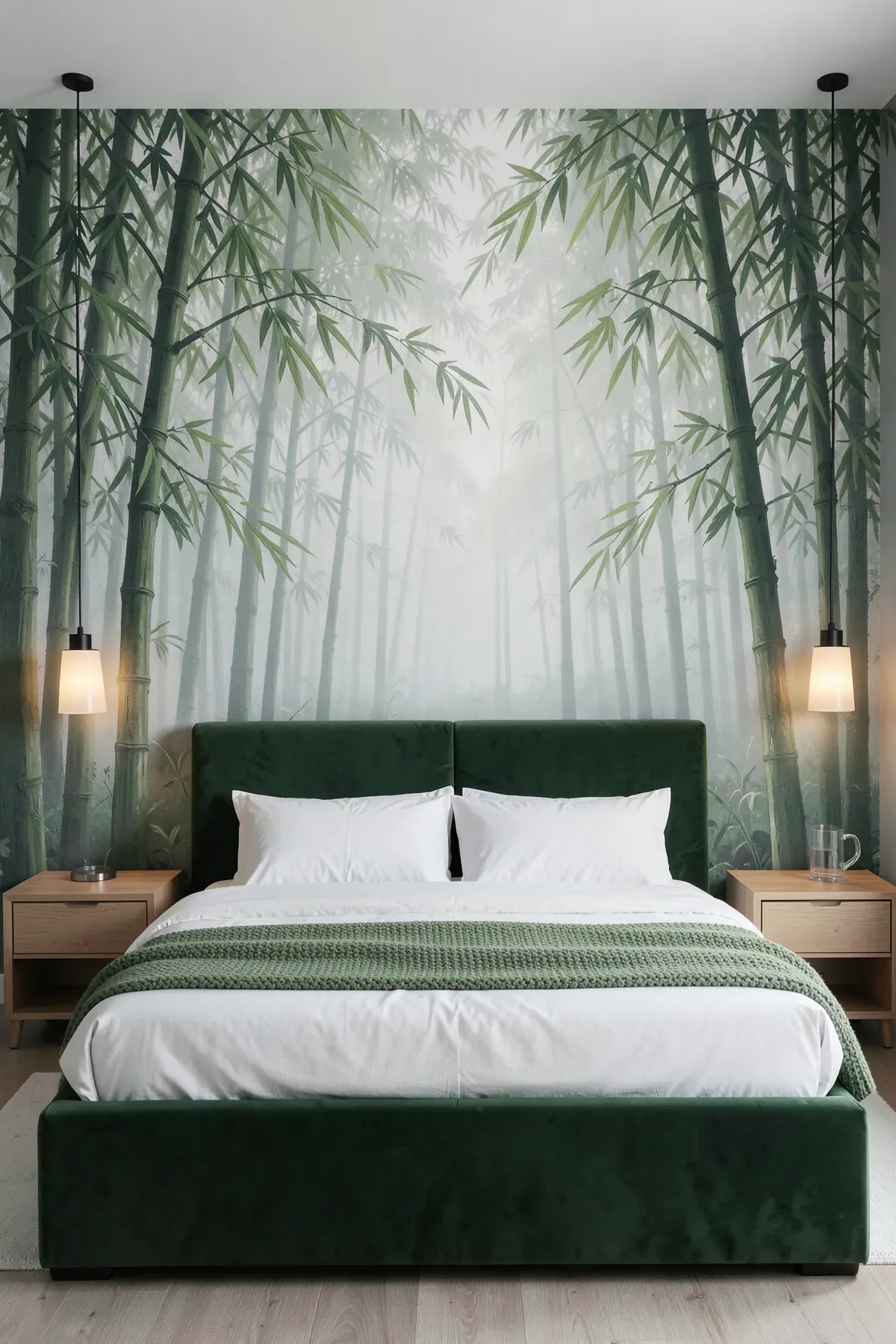 A large hand-painted mural of a green bamboo forest behind a moss green velvet bed.