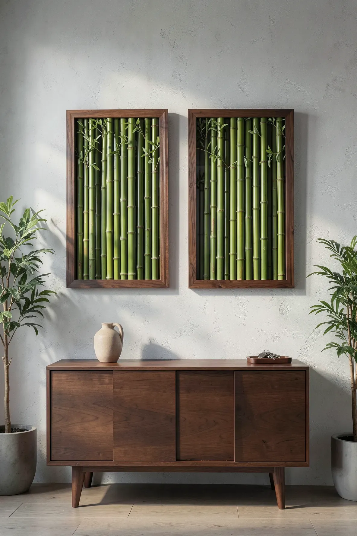 Two walnut frames containing real green bamboo stalks hanging above a wooden sideboard.