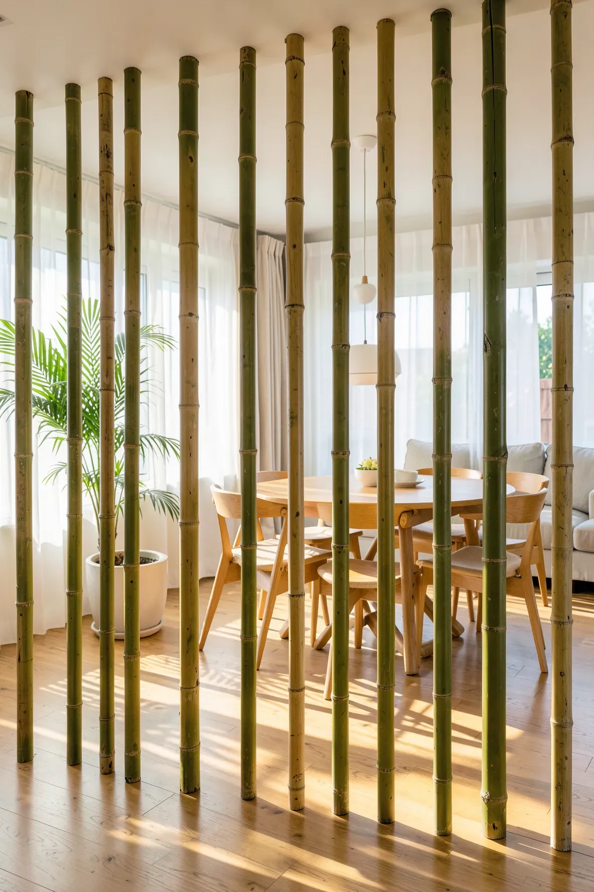 A room divider made of thick bamboo poles separating a living area from a sunlit dining room.