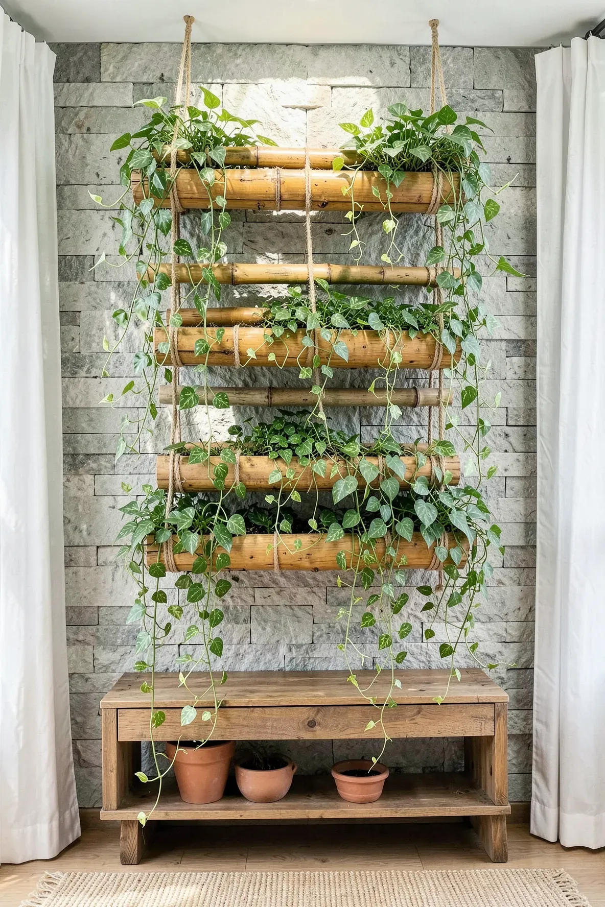 Horizontal bamboo poles used as hanging planters with green vines spilling over a stone wall.