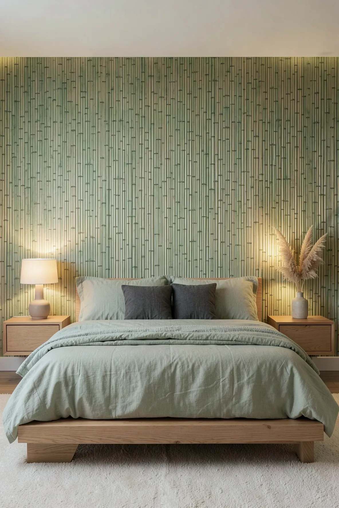 A bedroom with textured green bamboo reed wallpaper behind a bed with sage linen bedding.