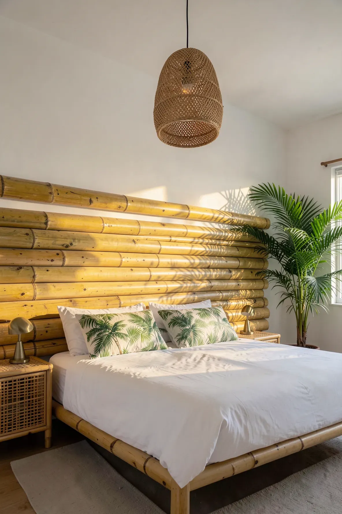 A bedroom with thick bamboo poles installed horizontally as a textured wainscoting and headboard.