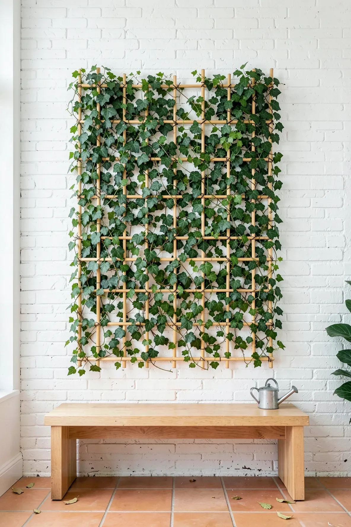 A bamboo trellis mounted on a white brick wall with lush green ivy climbing through the lattice.