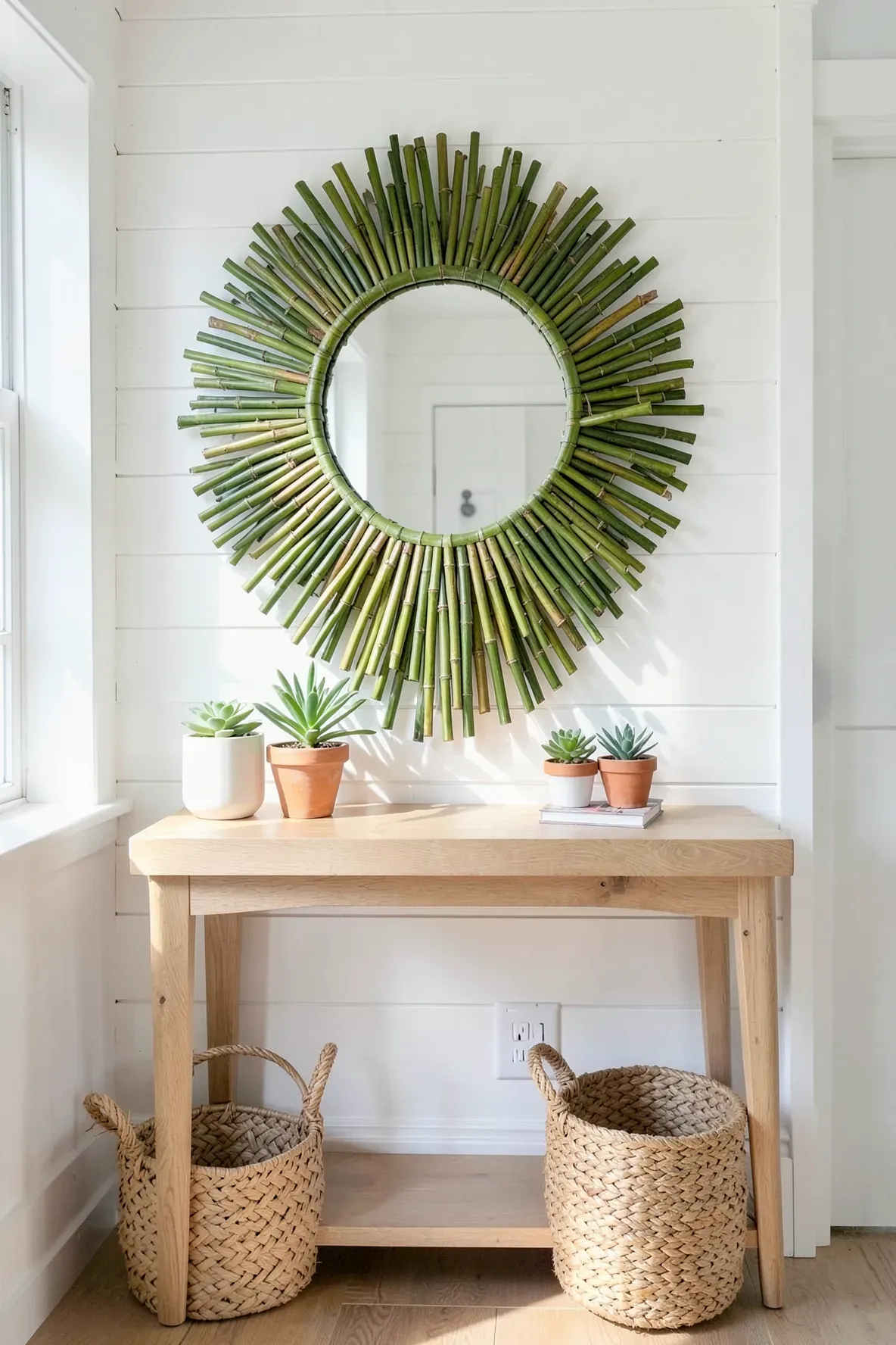 A sunburst mirror framed with green bamboo branches hanging above a wooden console table.