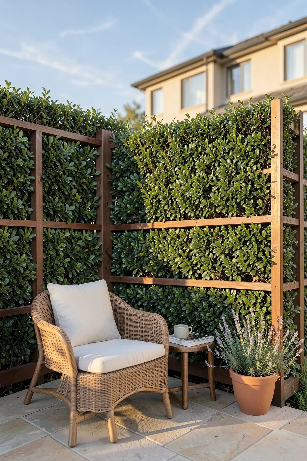 A dense artificial boxwood wall mounted on a cedar frame providing privacy for a backyard seating area.