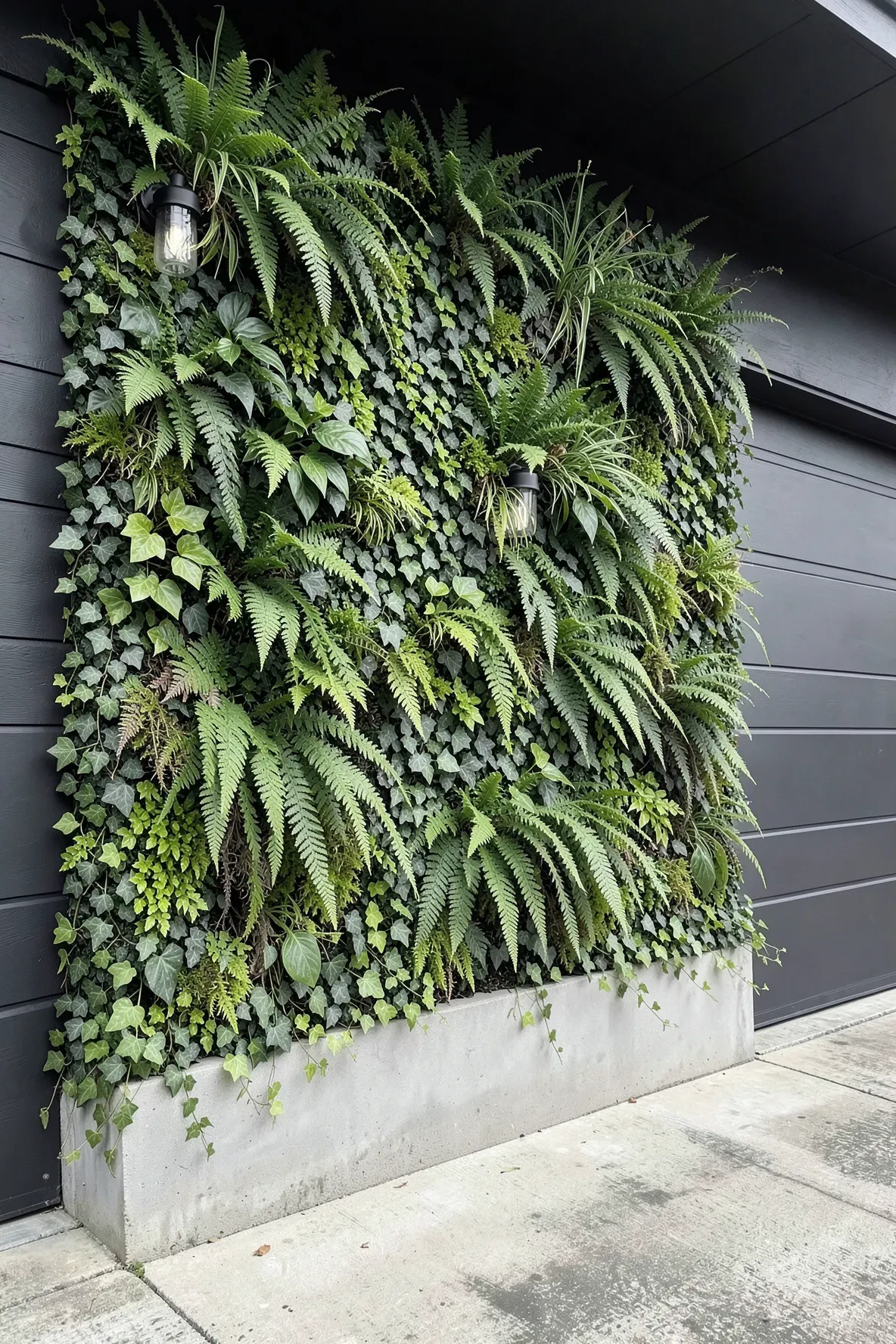 A lush outdoor wall covered in a realistic mix of artificial ferns and ivy mats.