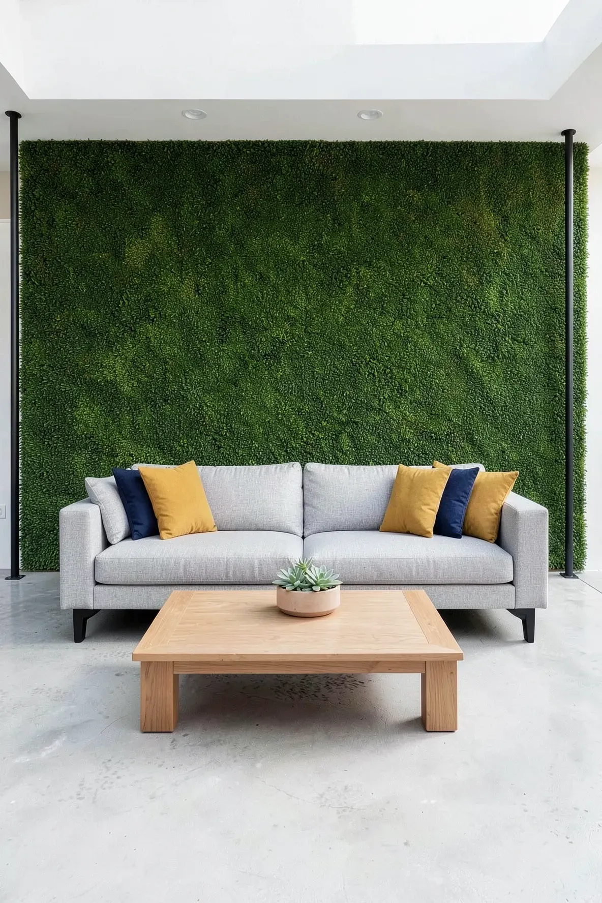A modern outdoor lounge area with a plush green artificial grass wall serving as a backdrop.