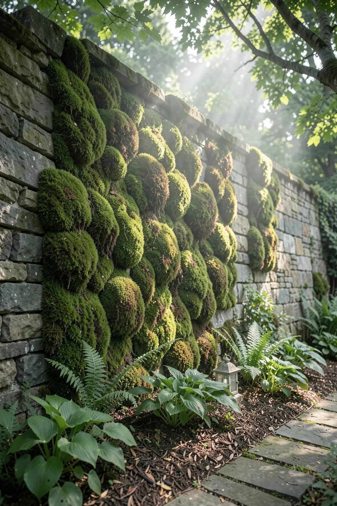 Realistic faux moss panels covering a weathered stone wall in a shaded, misty garden corner.