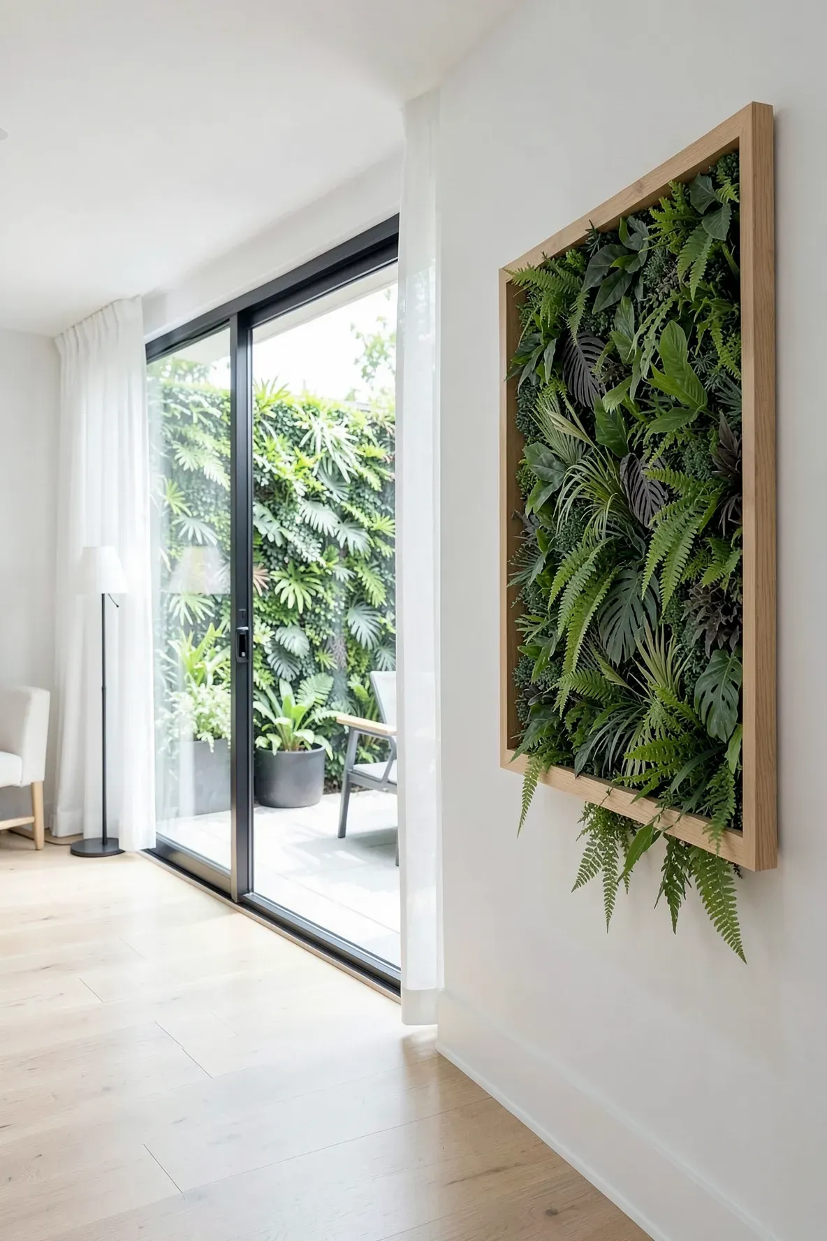 A framed artificial green wall inside a modern home matching the green wall on the outdoor patio.