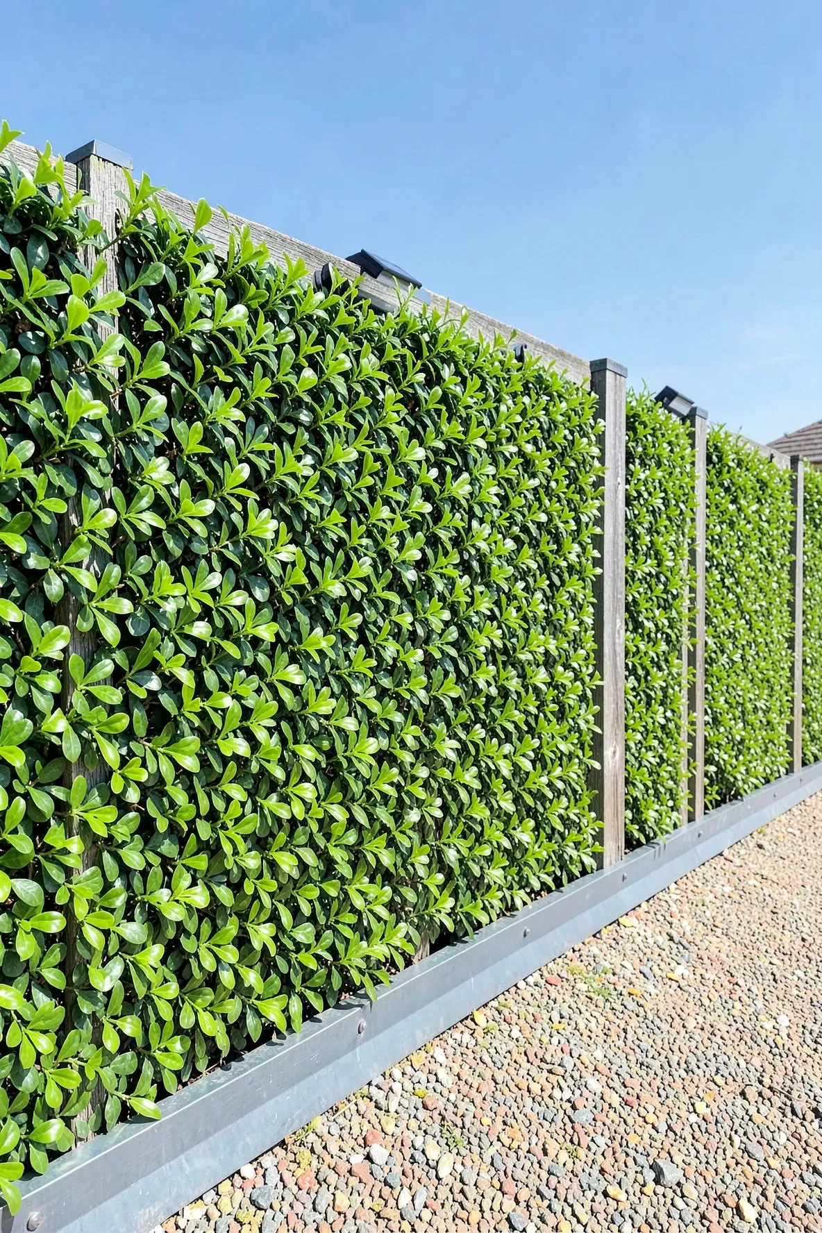 A long wooden fence covered in vibrant, UV-resistant artificial leaf tiles creating a green hedge.