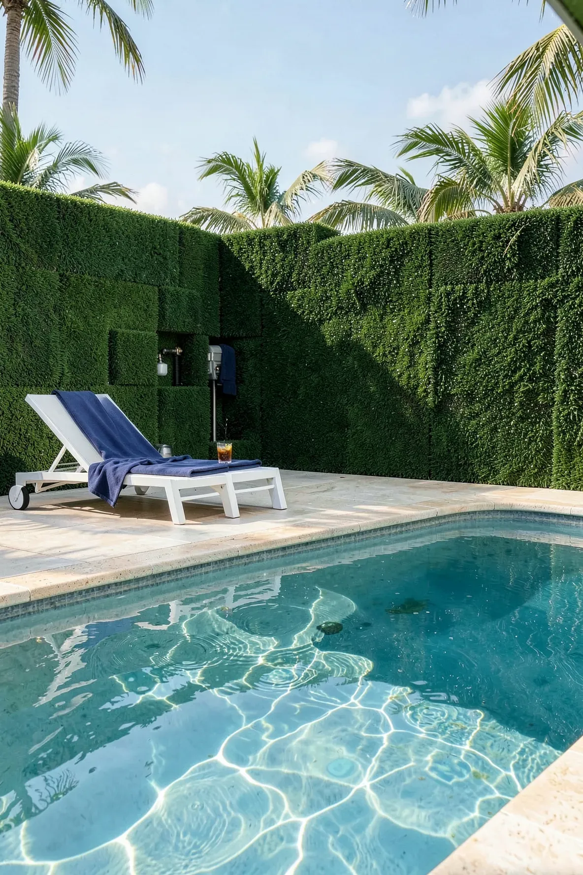 A luxury swimming pool area with a decorative artificial grass wall hiding equipment and adding greenery.