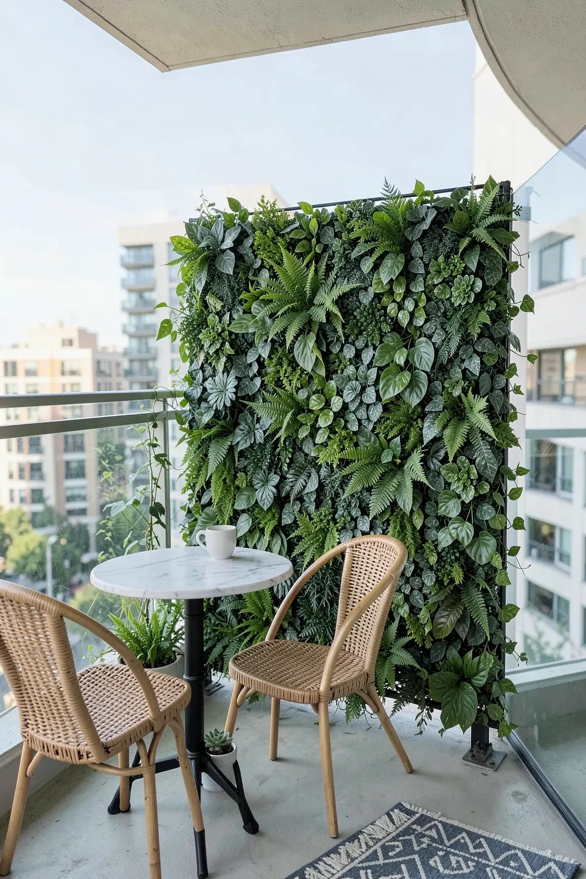 A lush green artificial plant wall acts as a privacy screen on a modern apartment balcony.