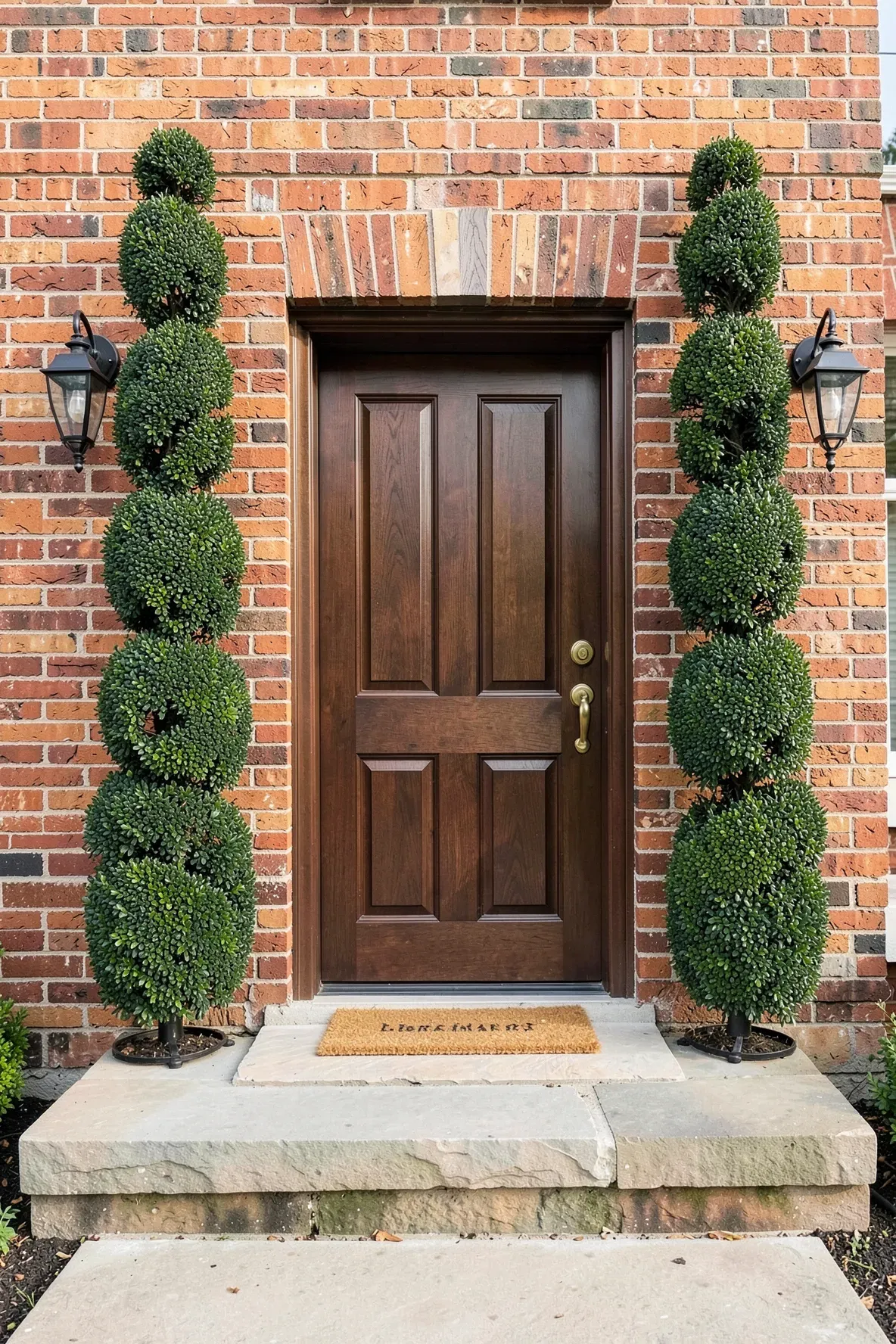 Symmetrical synthetic boxwood spirals mounted on a rustic red brick wall flanking a front door.