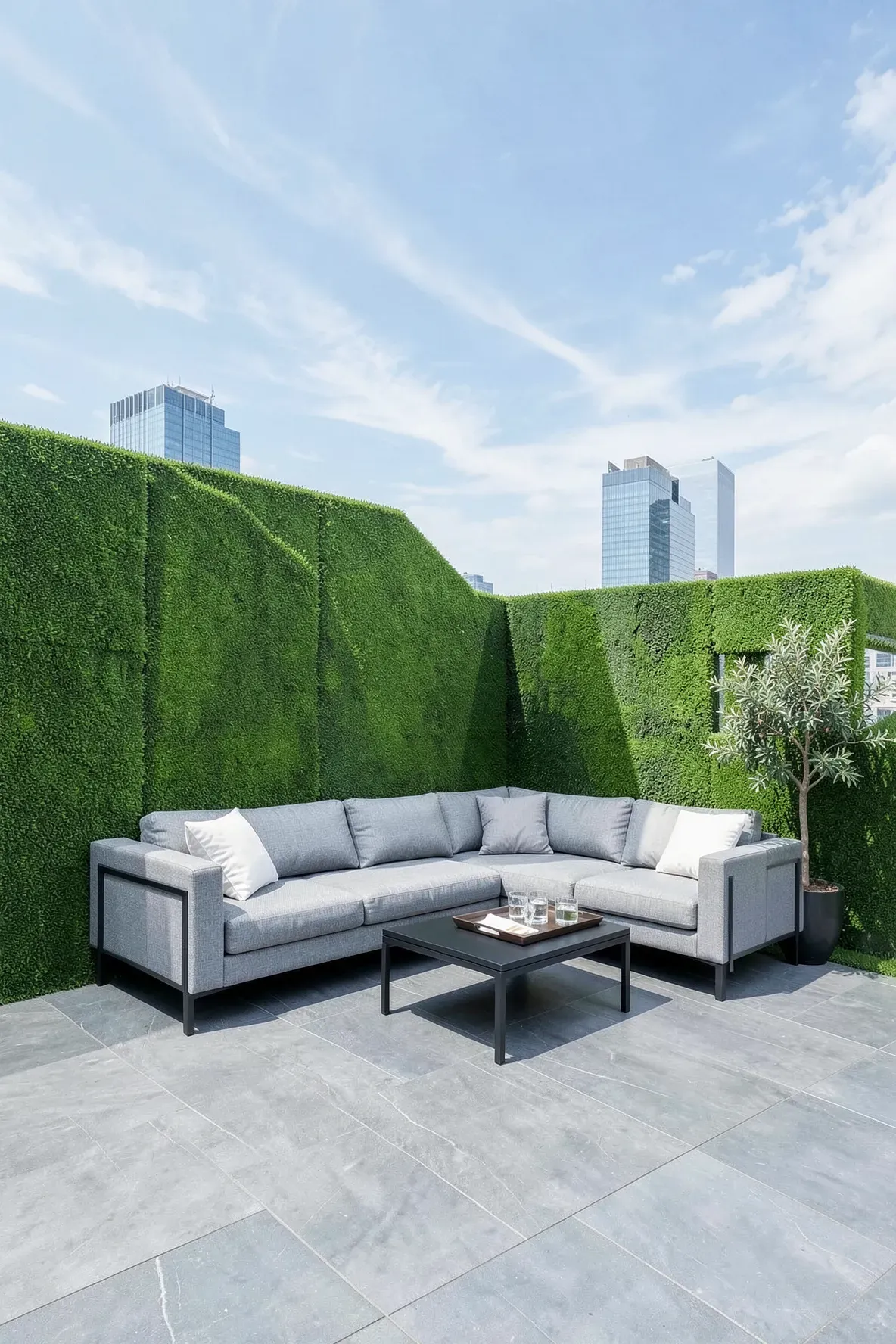 A modern rooftop terrace surrounded by tall, lush artificial grass walls with a city skyline view.