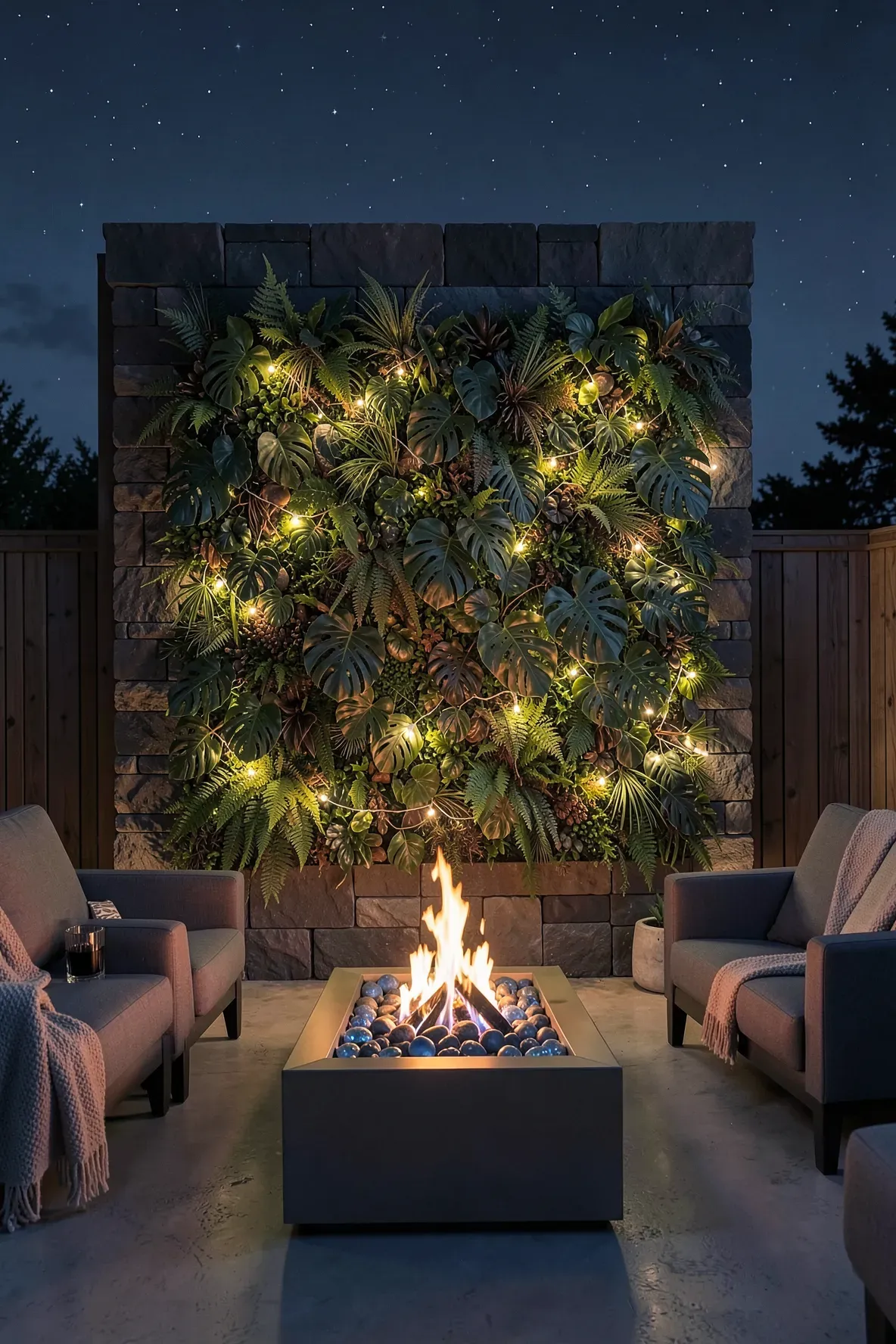 A lush artificial green wall glowing with warm integrated LED lights on a dark evening patio.