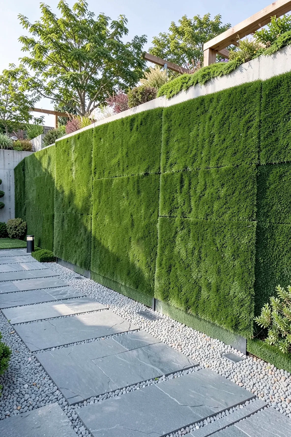 A grey concrete retaining wall is completely hidden by a lush, seamless artificial grass covering.