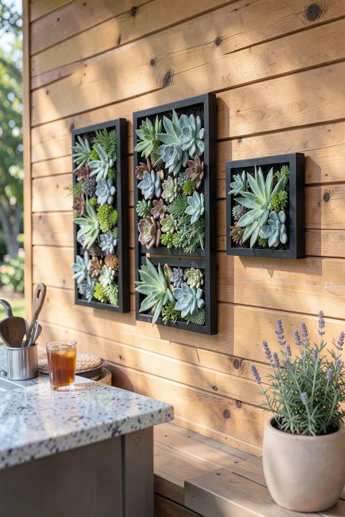 Three black-framed faux succulent arrangements mounted on a warm cedar wood outdoor wall.
