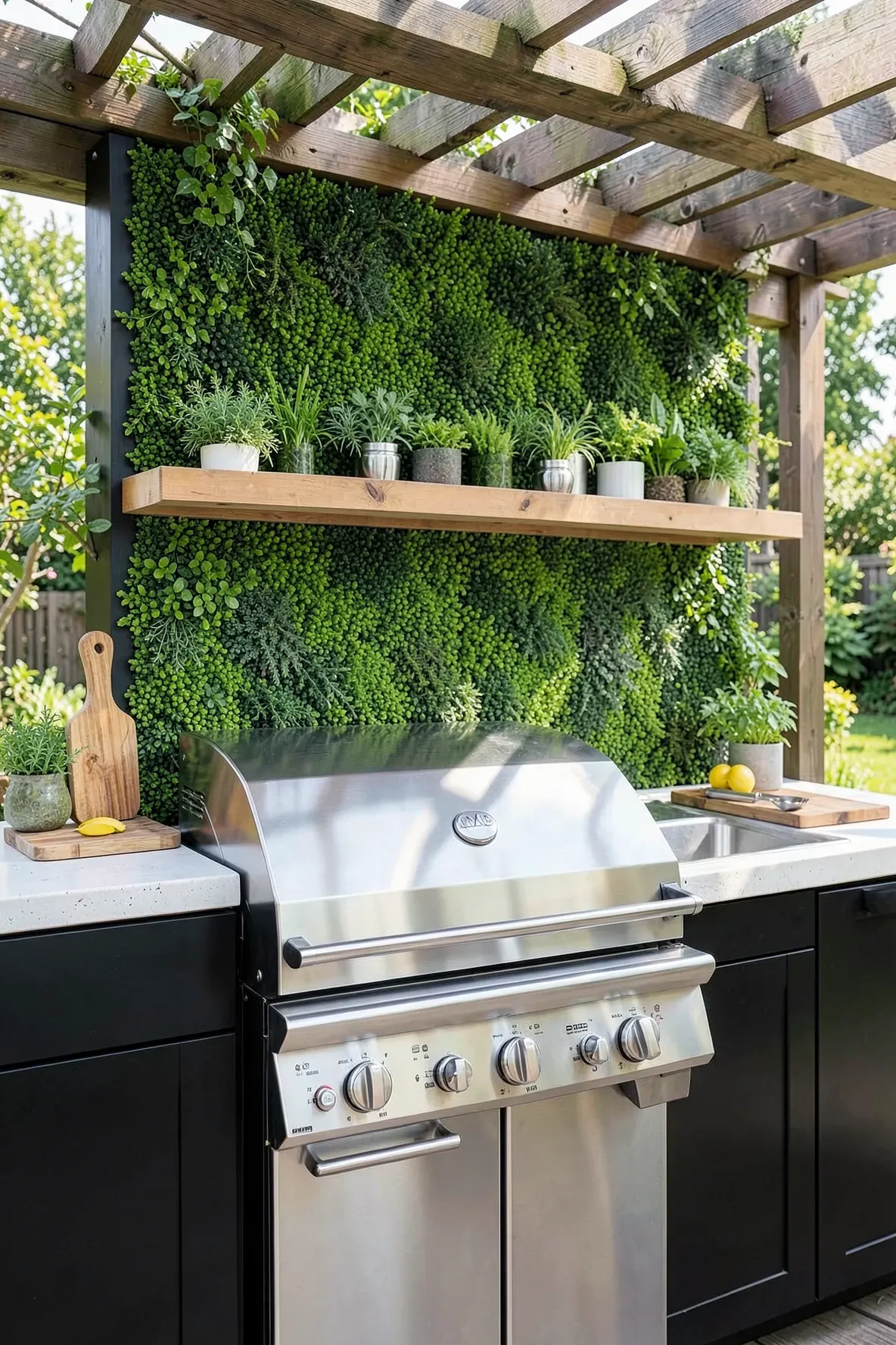 A lush artificial green wall serves as a vibrant backsplash in a modern stainless steel outdoor kitchen.
