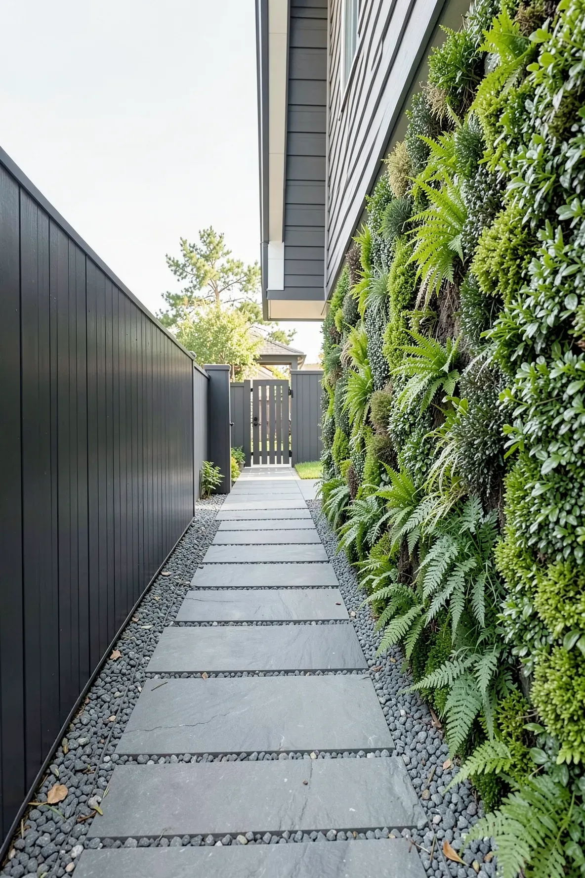 A narrow side yard transformed by a lush artificial green wall and a slate stone walkway.
