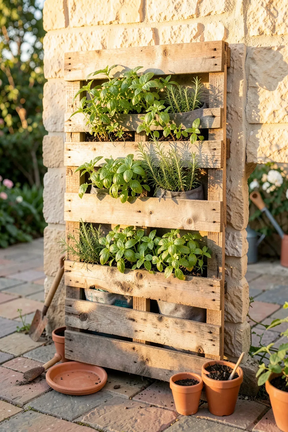 A rustic wooden pallet herb garden leaning against a stone wall with lush green herbs.