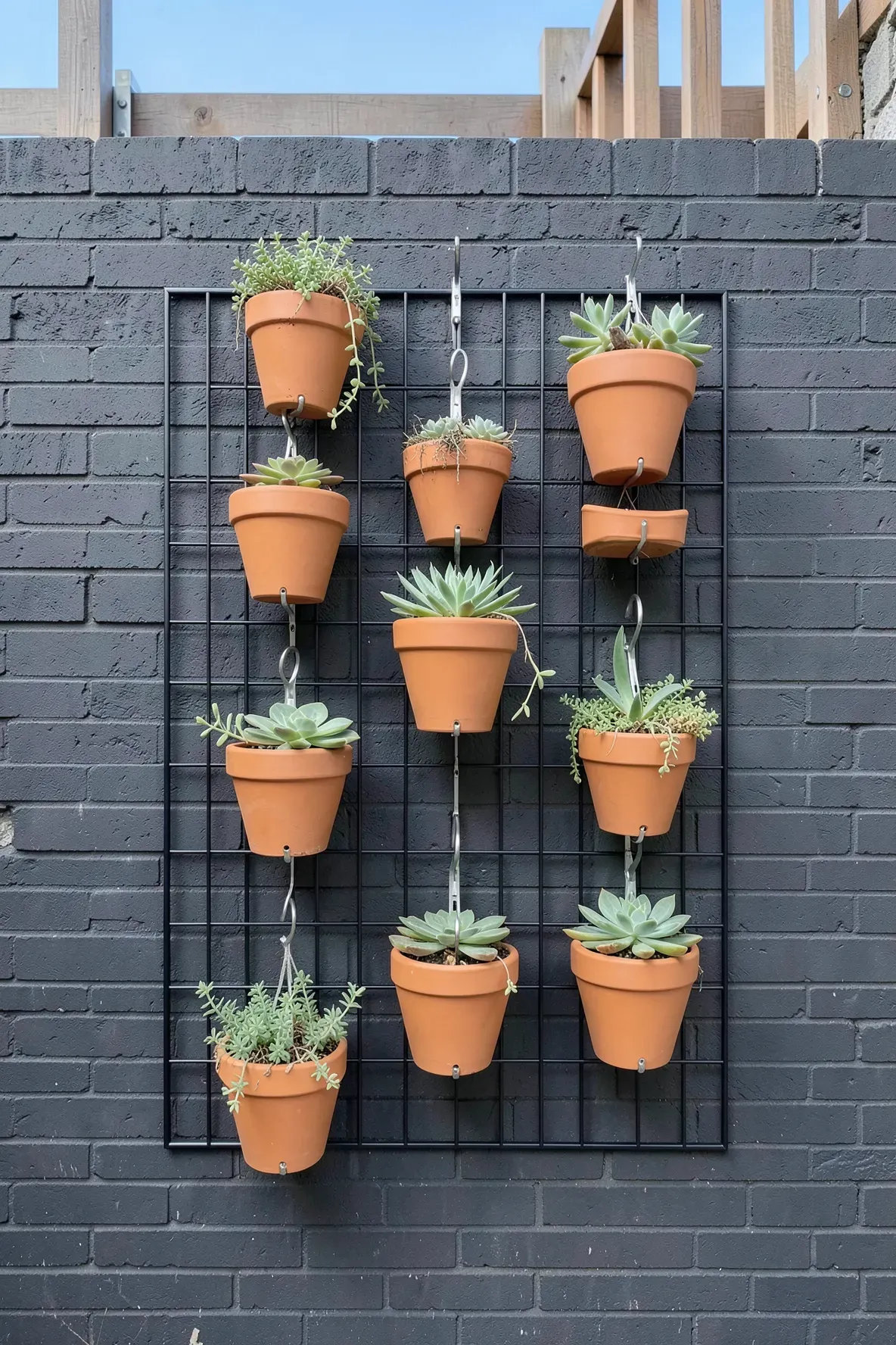 A black metal grid mounted on a brick wall holding several terracotta pots with succulents.