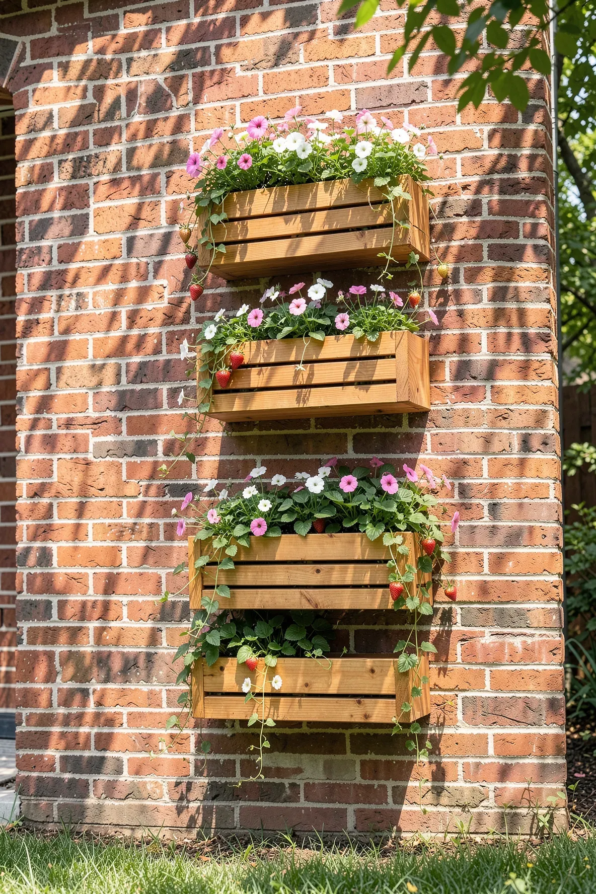 Three tiered cedar window boxes mounted on a red brick wall filled with trailing flowers.