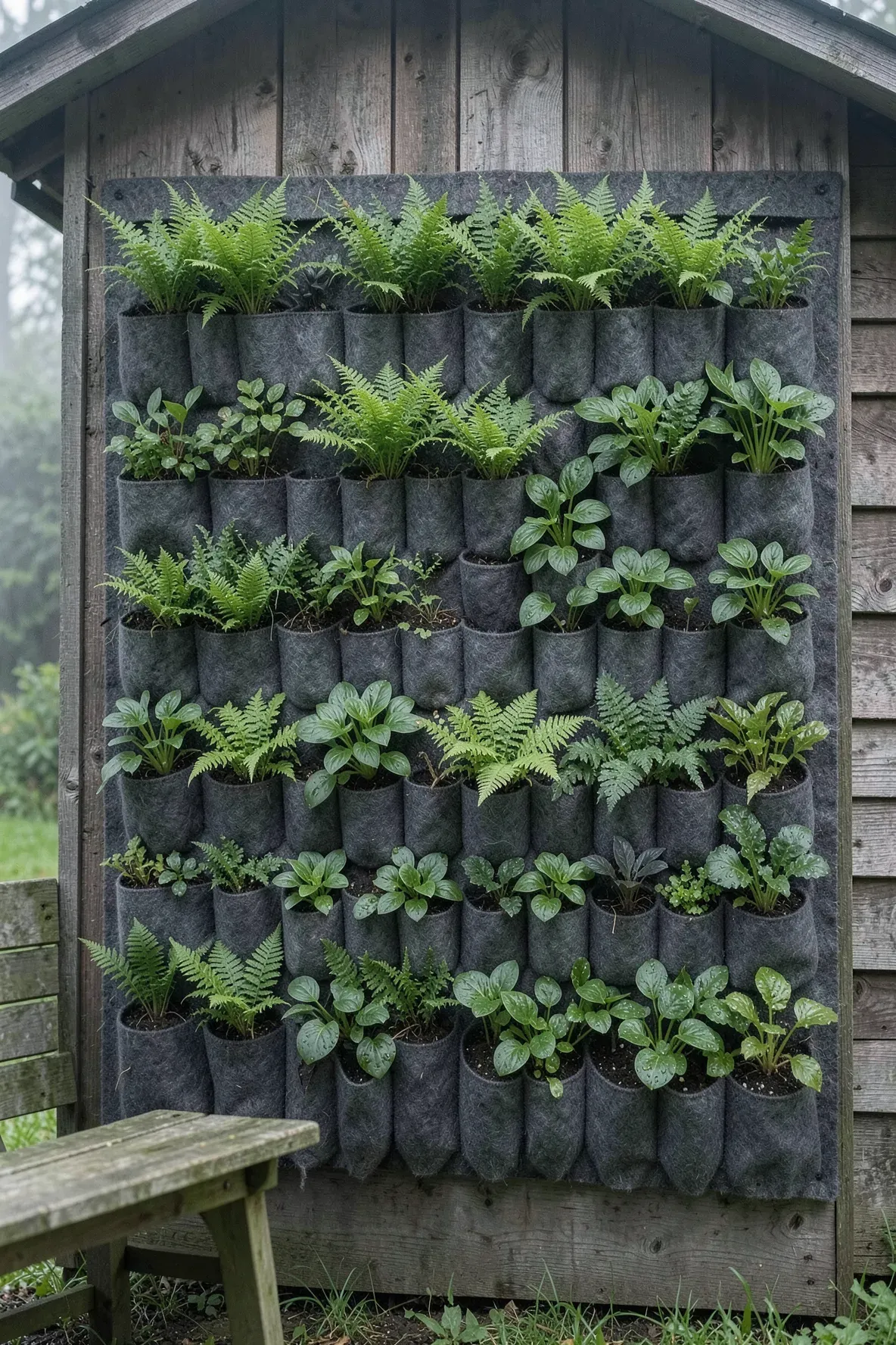A vertical felt pocket planter wall overflowing with lush green ferns and leafy plants.