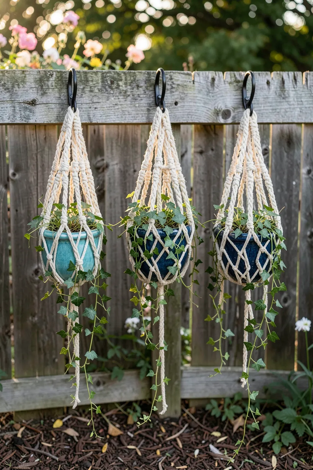 Cream macrame plant holders with blue ceramic pots hanging from a rustic wooden fence.
