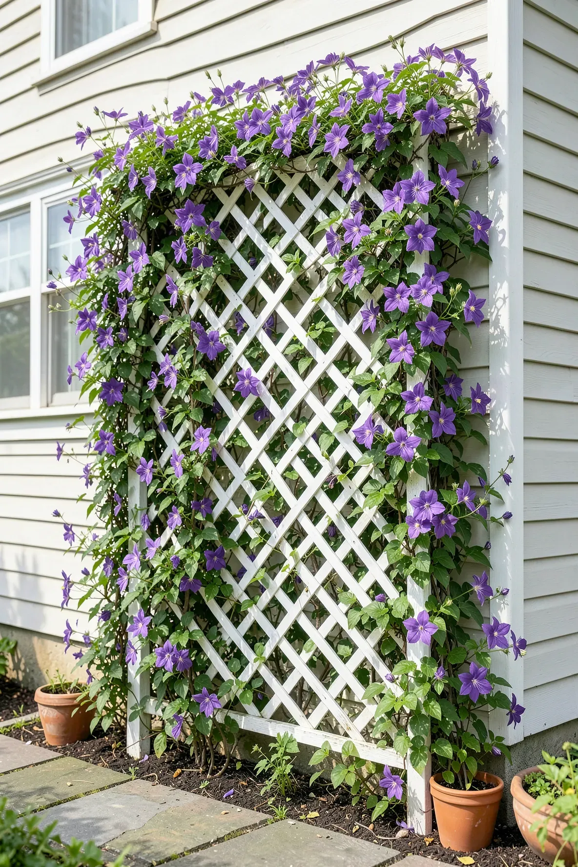 A white lattice trellis mounted on a wall covered in purple climbing clematis flowers.