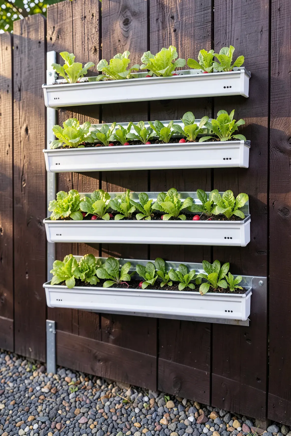 White rain gutters mounted horizontally on a wooden fence used as planters for lettuce.