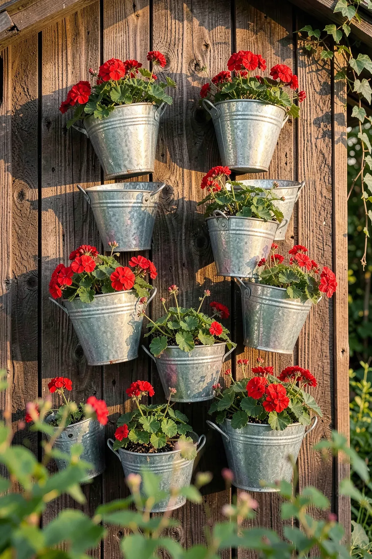 Red geraniums growing in galvanized metal buckets bolted to a rustic wooden shed wall.