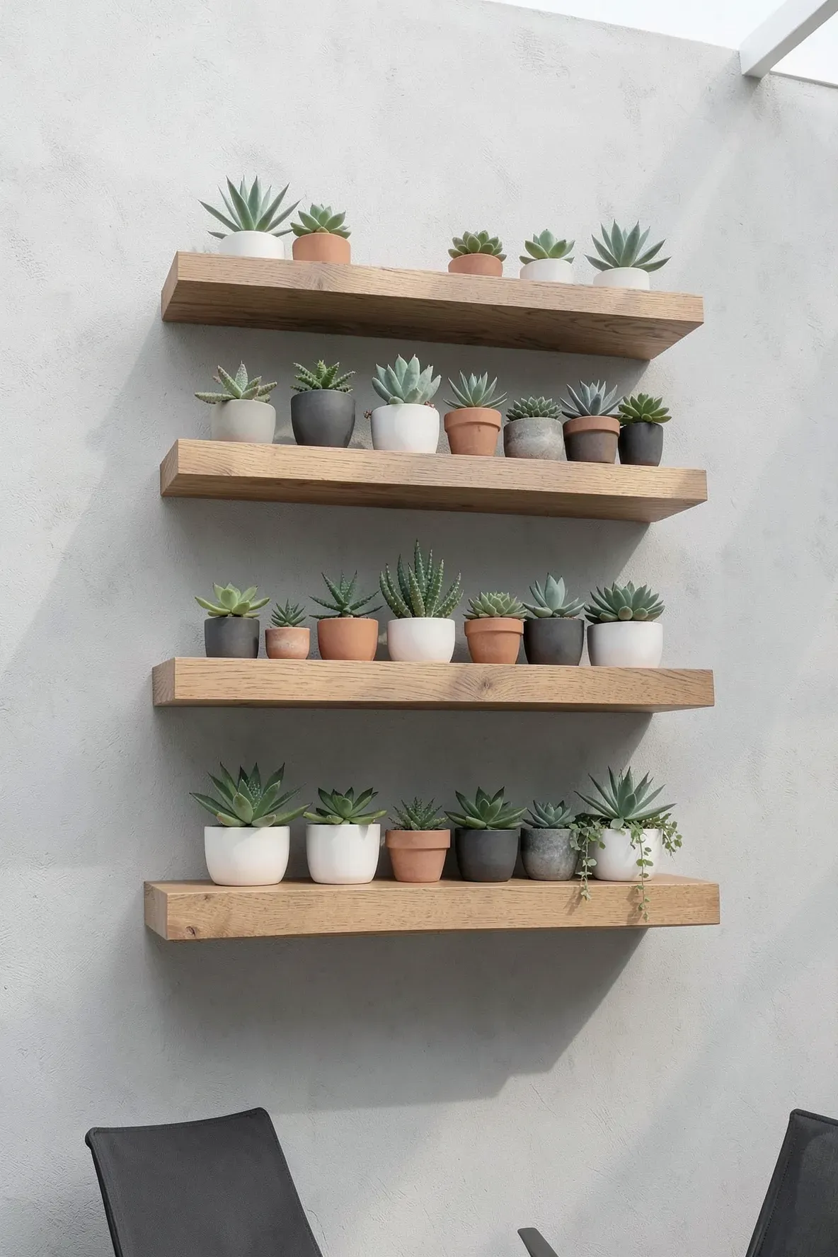 Modern floating wooden shelves on a grey wall holding various potted succulents.