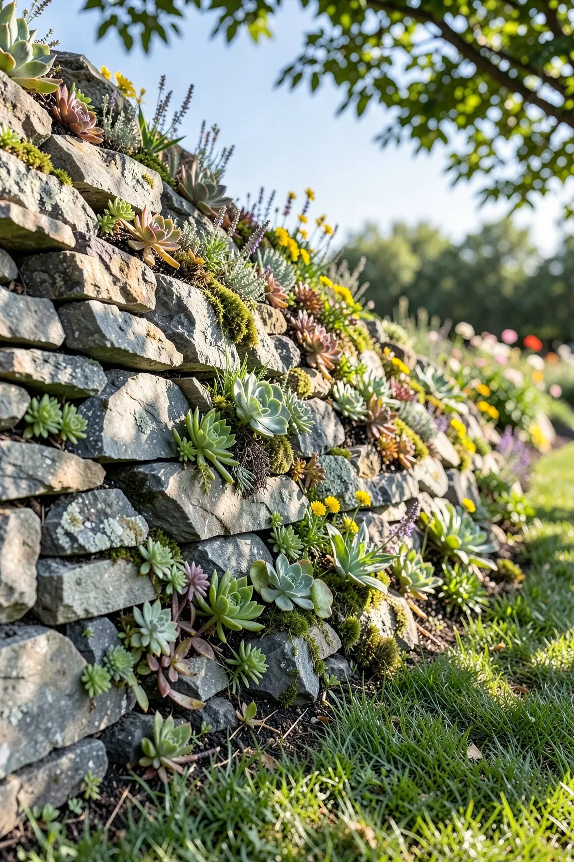 A dry-stack stone wall with small succulents and moss growing out of the gaps.
