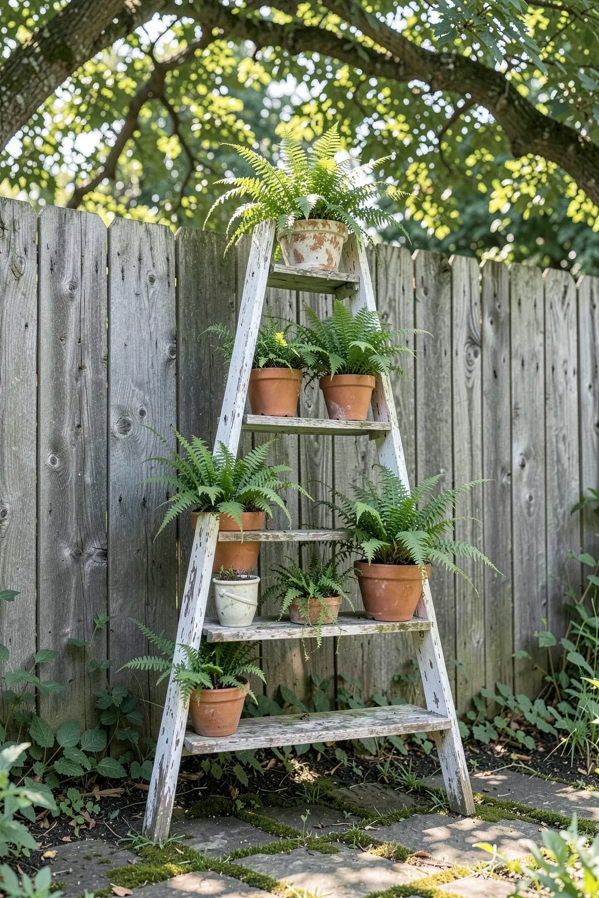An old white wooden ladder used as a plant stand for lush green ferns against a fence.