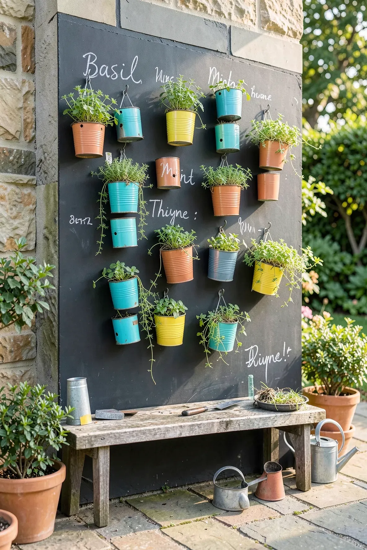 A black chalkboard wall with colorful painted tin cans used as herb planters with chalk labels.